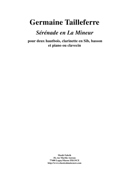 Germaine Tailleferre Srnade En La Mineur For Two Oboes Bb Clarinet Bassoon Piano Or Harpsichord Sheet Music