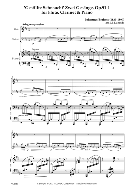 Gestillte Sehnsucht Zwei Gesnge Op 91 1 For Flute Clarinet Piano Sheet Music