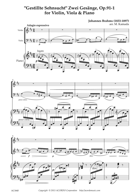 Gestillte Sehnsucht Zwei Gesnge Op 91 1 For Violin Viola Piano Sheet Music