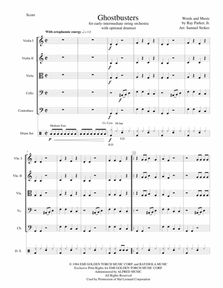 Ghostbusters Movie Theme For Early Intermediate String Orchestra With Optional Drumset Sheet Music