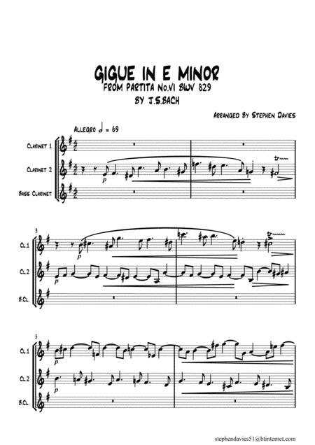 Gigue In E Minor By Js Bach Bwv829a For Clarinet Trio Sheet Music