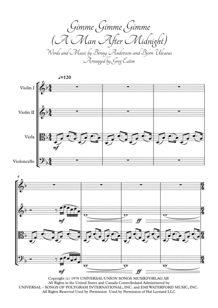 Free Sheet Music Gimme Gimme Gimme A Man After Midnight Arranged For String Quartet By Greg Eaton Score And Parts Perfect For Gigging Quartets