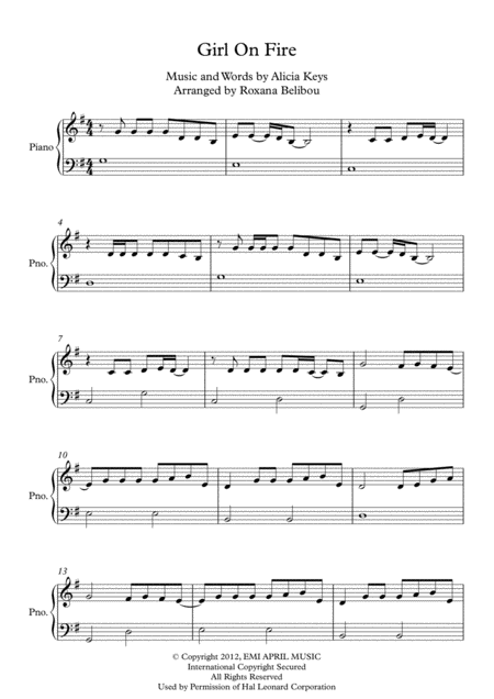 Girl On Fire G Major By Alicia Keys Easy Piano Sheet Music