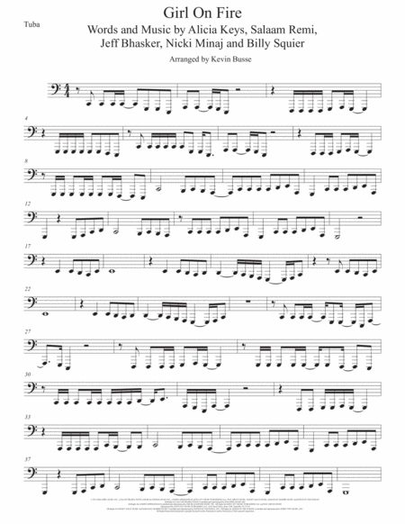 Girl On Fire Tuba Easy Key Of C Sheet Music