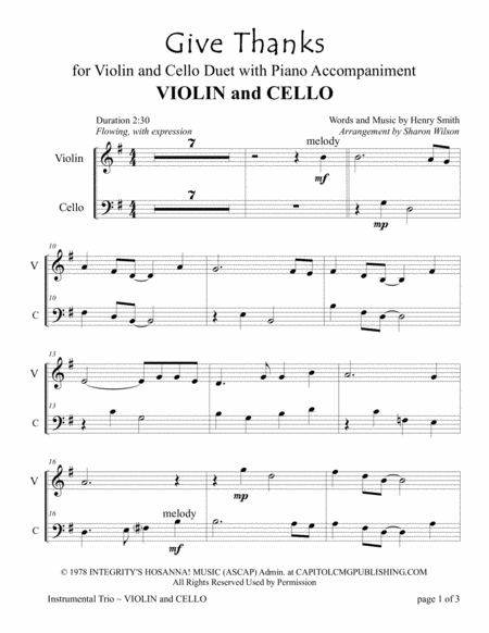 Give Thanks For Violin And Cello Duet With Piano Accompaniment Thanksgiving Sheet Music