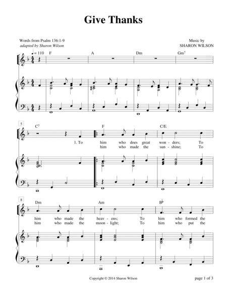 Give Thanks Psalm 136 For Unison Choir Sheet Music