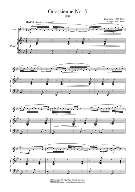 Gnossienne 5 For Violin And Piano Sheet Music