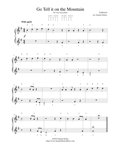 Go Tell It On The Mountain For Very Easy Piano Sheet Music