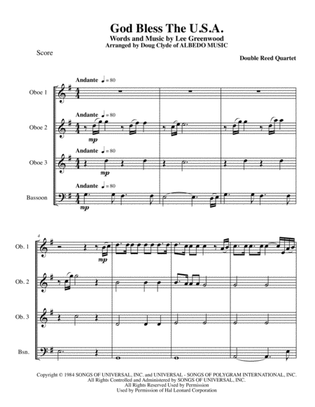 God Bless The Us A For Double Reed Quartet Sheet Music