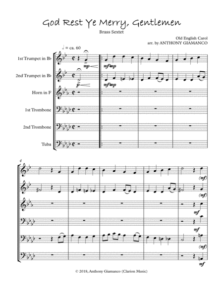 God Rest Ye Merry Gentlemen Brass Sextet 2018 Holiday Contest Entry Sheet Music