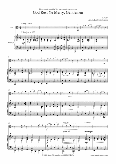 God Rest Ye Merry Gentlemen Viola And Piano Sheet Music