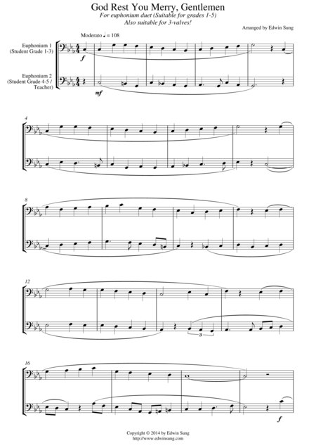 Free Sheet Music God Rest You Merry Gentlemen For Euphonium Duet Bass Clef 3 Or 4 Valved Suitable For Grades 1 5