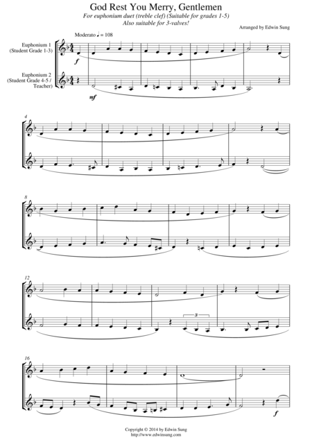 Free Sheet Music God Rest You Merry Gentlemen For Euphonium Duet Treble Clef 3 Or 4 Valved Suitable For Grades 1 5