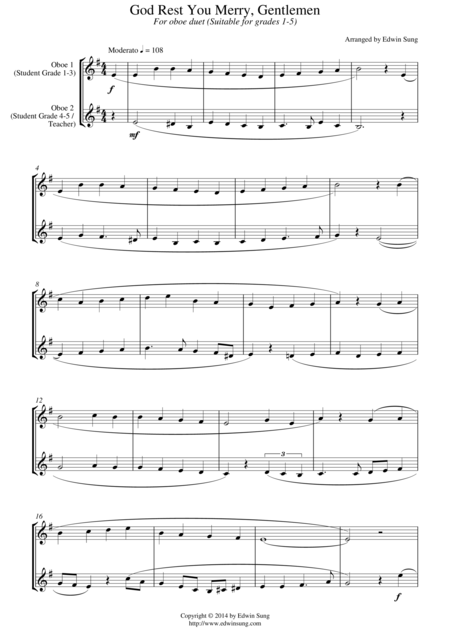 Free Sheet Music God Rest You Merry Gentlemen For Oboe Duet Suitable For Grades 1 5