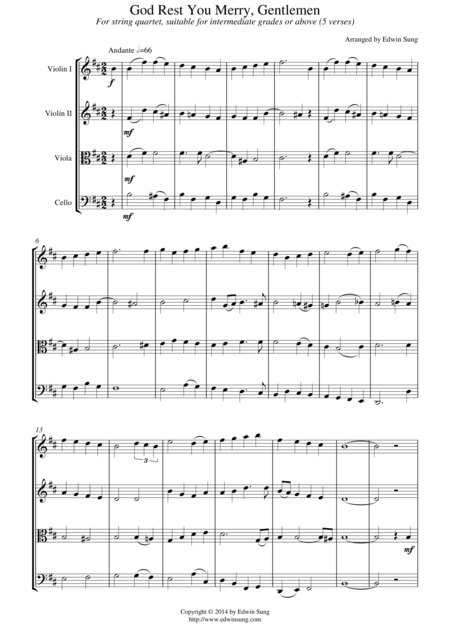 Free Sheet Music God Rest You Merry Gentlemen For String Quartet Suitable For Intermediate Grades Or Above