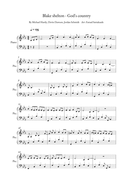 Gods Country By Blake Shelton For Solo Piano Sheet Music