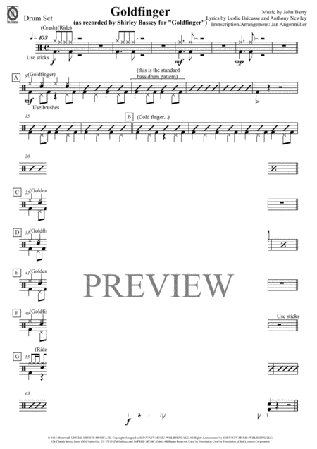 Goldfinger Drum Set Transcription Of Shirley Bassey Recording For James Bond Sheet Music