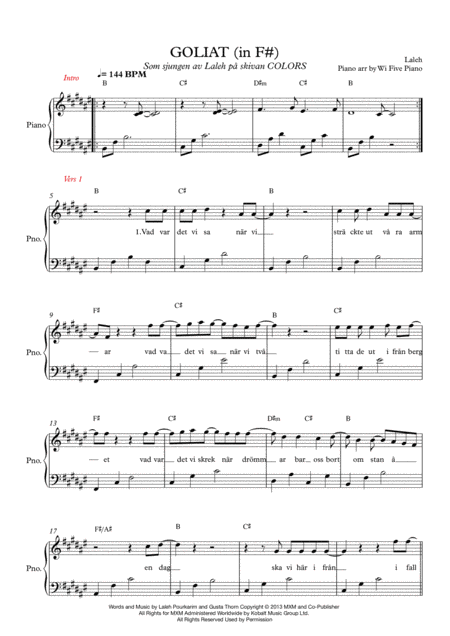 Free Sheet Music Goliat Laleh Orginaltonart