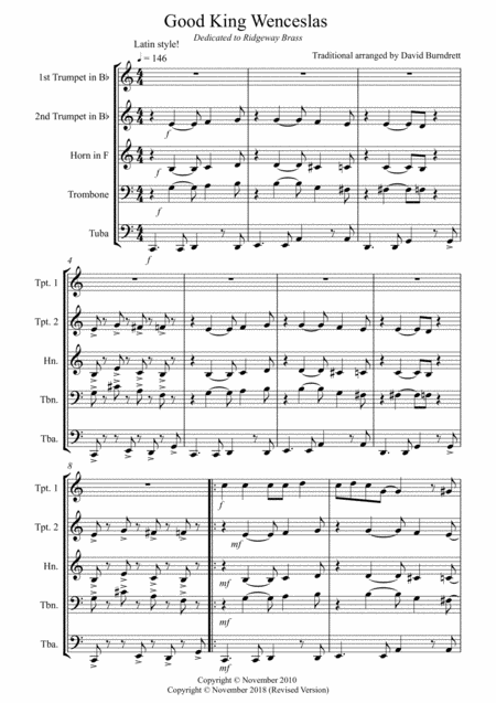 Good King Wenceslas Latin Style For Brass Quintet Sheet Music