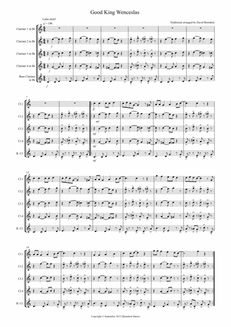 Good King Wenceslas Latin Style For Clarinet Quintet Sheet Music