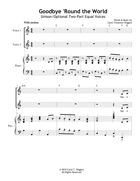 Free Sheet Music Goodbye Round The World Unison 2 Part