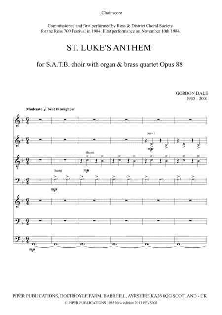 Gordon Dale St Lukes Anthem Opus 88 Choir Part Sheet Music