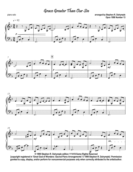 Grace Greater Than Our Sin Piano Solo Sheet Music