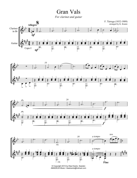 Free Sheet Music Gran Vals Grand Waltz For Clarinet In Bb And Guitar