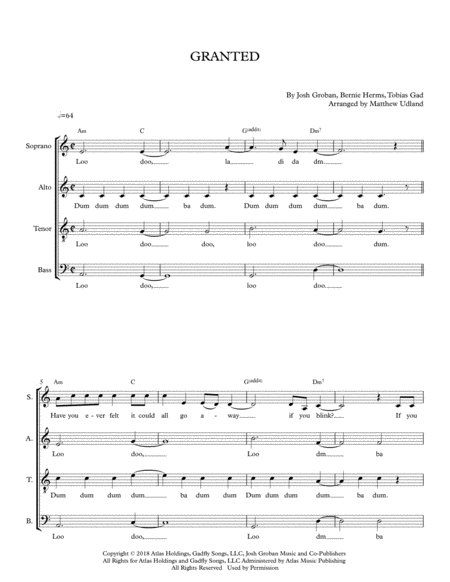 Granted By Josh Groban Satb A Cappella Sheet Music