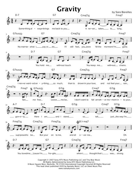 Free Sheet Music Gravity Sara Bareilles Lead Sheet