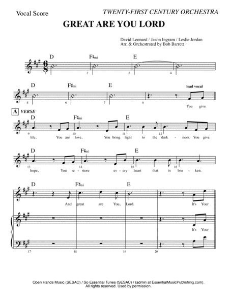 Free Sheet Music Great Are You Lord Vocal Arr