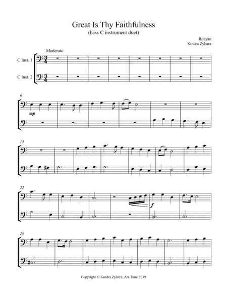 Free Sheet Music Great Is Thy Faithfulness Bass C Instrument Duet Parts Only