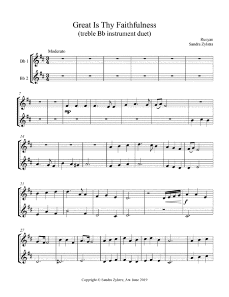Free Sheet Music Great Is Thy Faithfulness Treble Bb Instrument Duet Parts Only