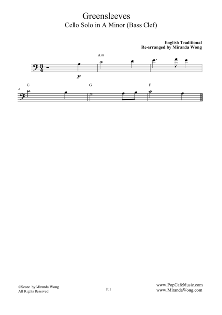 Greensleeves Cello Solo In A Minor Bass Clef Sheet Music