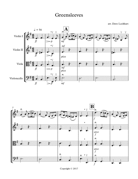 Free Sheet Music Greensleeves Easy String Quartet Arrangement