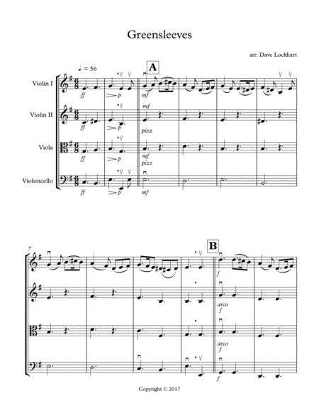 Greensleeves Easy String Quartet Arrangement Sheet Music