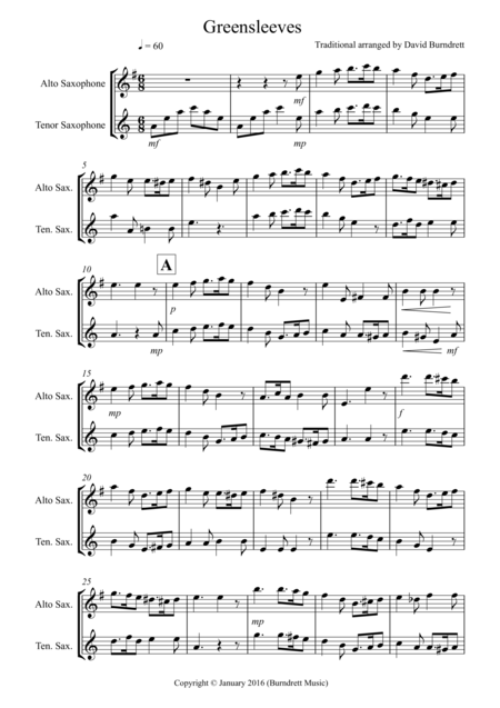 Greensleeves For Alto And Tenor Saxophone Duet Sheet Music