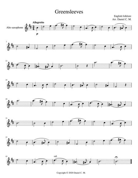 Free Sheet Music Greensleeves For Alto Saxophone And Piano