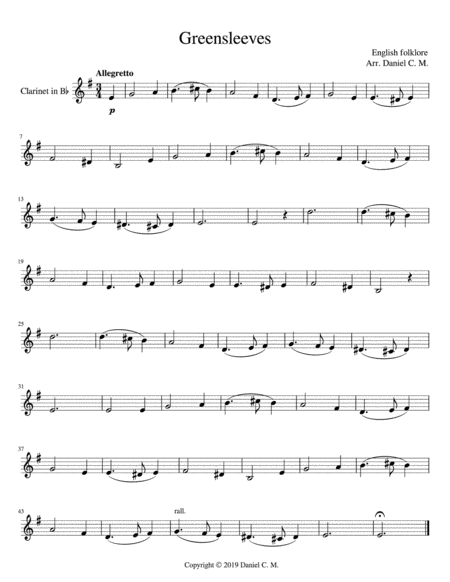 Free Sheet Music Greensleeves For Bb Clarinet And Piano