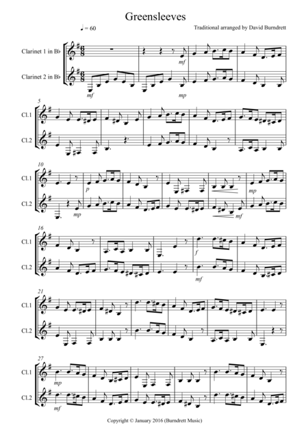 Greensleeves For Clarinet Duet Sheet Music