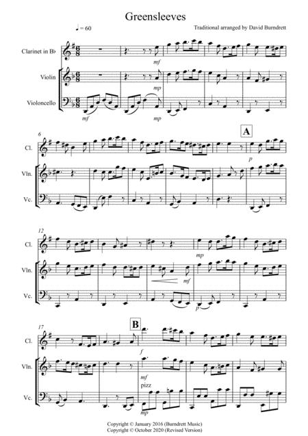 Greensleeves For Clarinet Violin And Cello Sheet Music