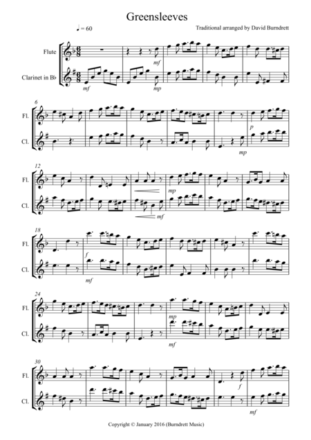 Free Sheet Music Greensleeves For Flute And Clarinet Duet