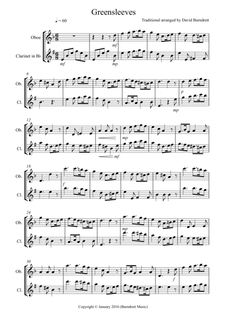 Free Sheet Music Greensleeves For Oboe And Clarinet