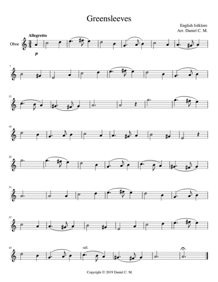 Greensleeves For Oboe And Piano Easy Sheet Music