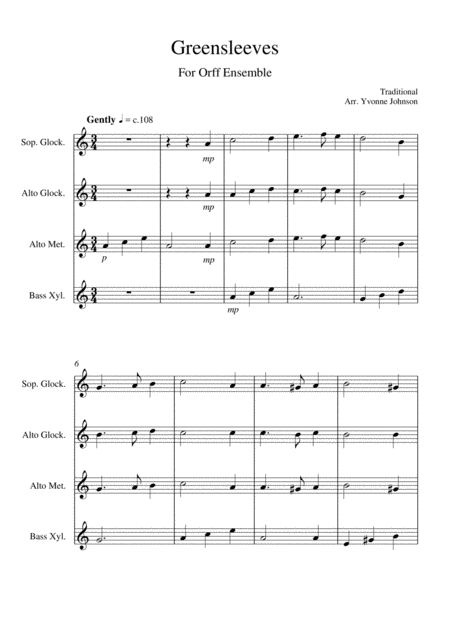 Greensleeves For Orff Ensemble Sheet Music