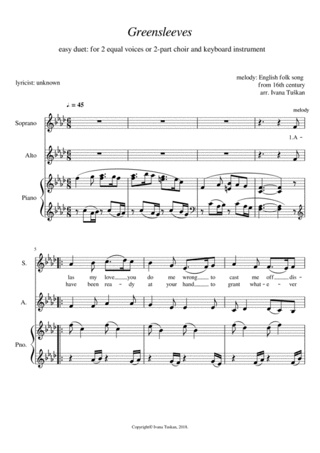 Greensleeves For Sa And Piano F Minor Sheet Music