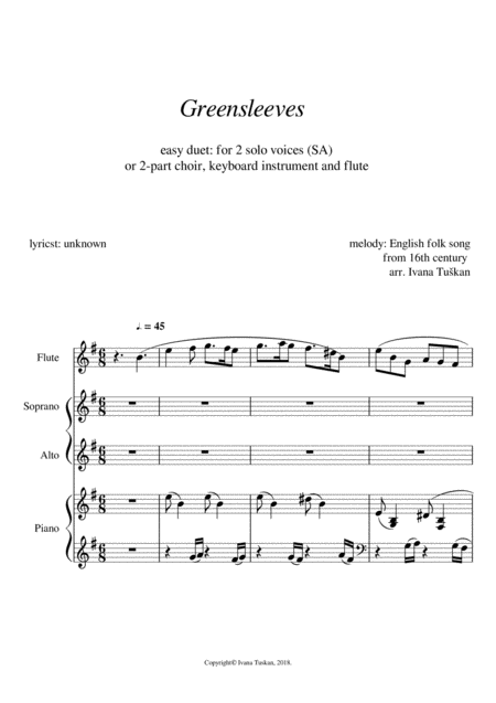 Free Sheet Music Greensleeves For Sa Piano And Flute E Minor