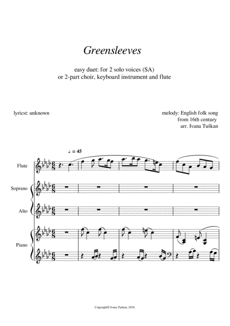 Free Sheet Music Greensleeves For Sa Piano And Flute F Minor