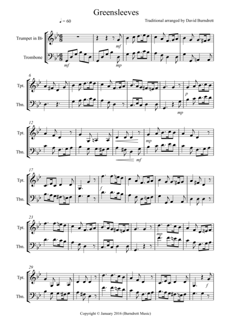 Free Sheet Music Greensleeves For Trumpet And Trombone Duet