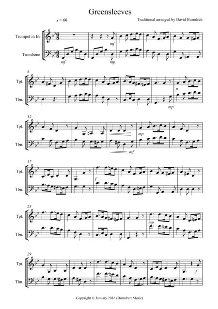 Greensleeves For Trumpet And Trombone Duet Sheet Music